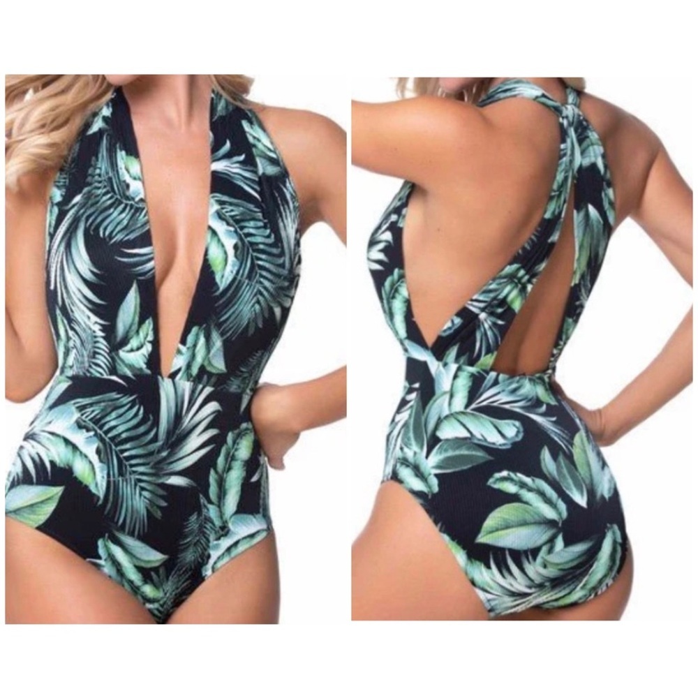BEACH JOY BIKINI GREEN BLACK TROPICAL SEXY ONE PIECE BATHING SUIT SZ VARIOUS NWT